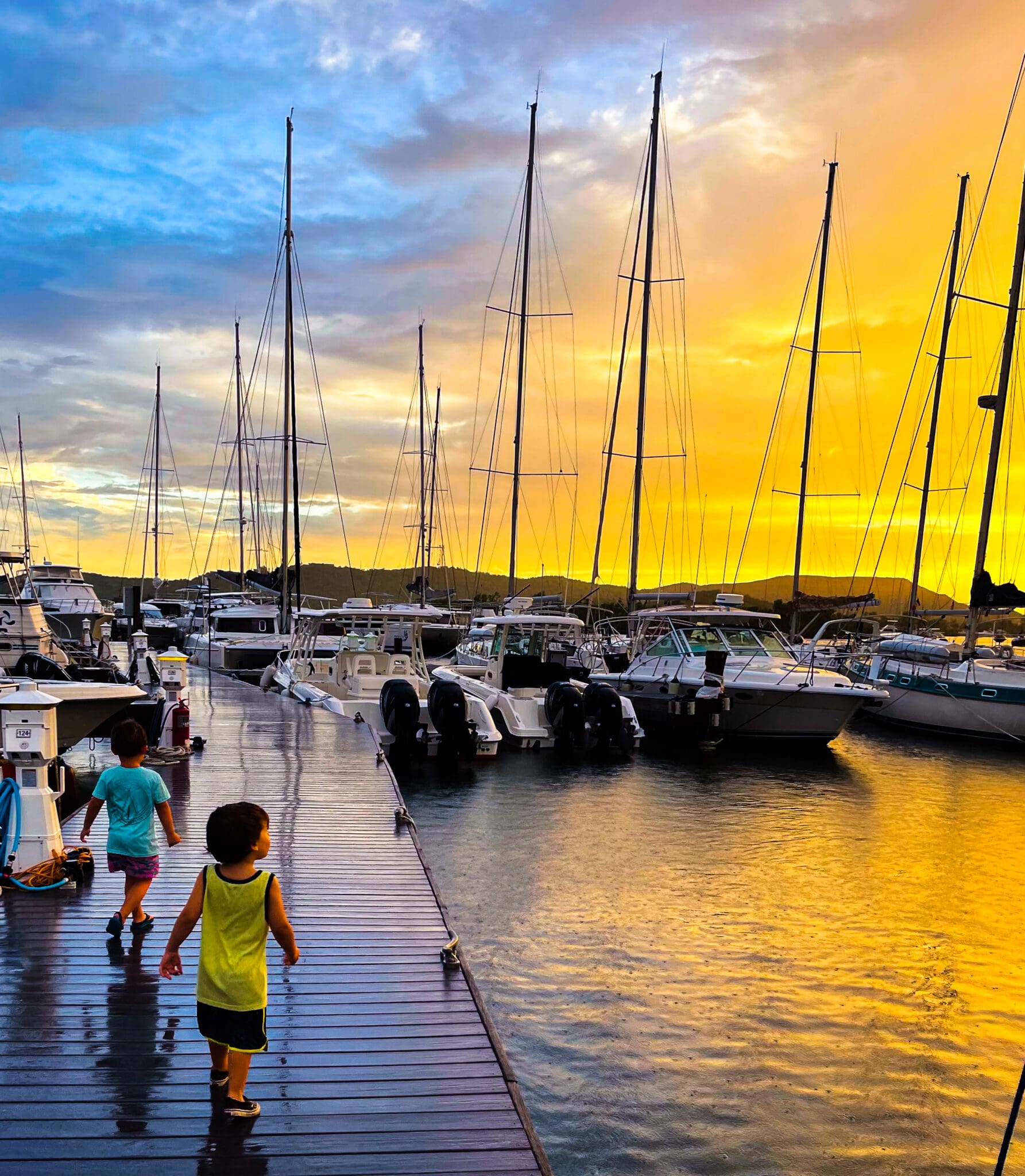 A group of people walking on the dock near boats.
