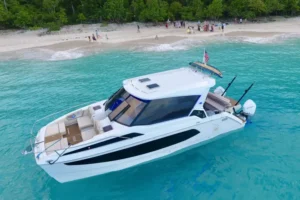 Private boat in clear water in the Virgin Islands