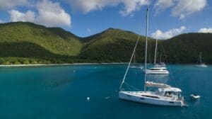 Catamaran moored in harbor