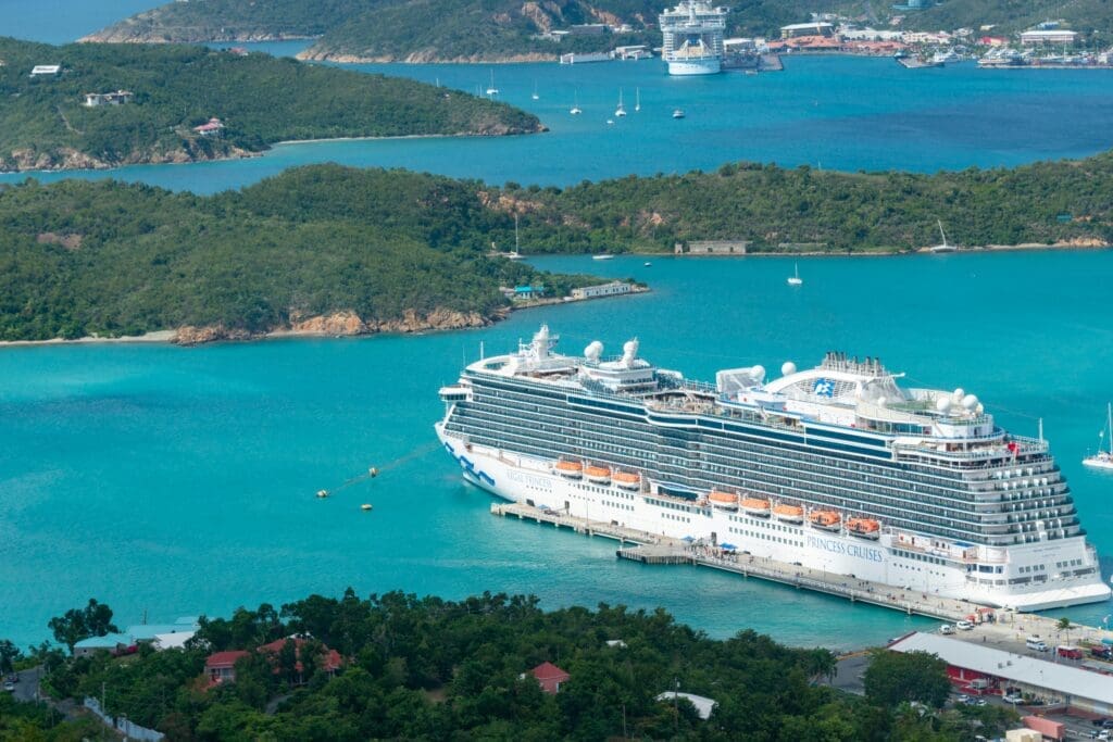 Cruise ship docked in Charlotte Amalie Harbor on St. Thomas during peak season