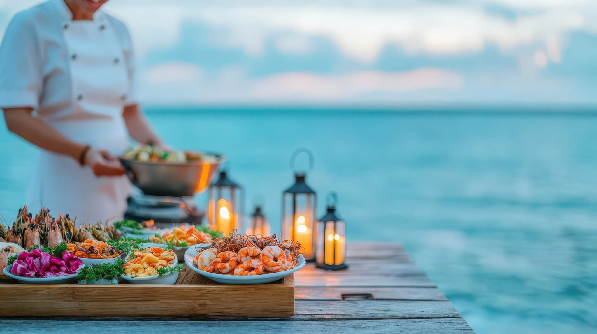 Private chef preparing a seafood feast on a remote beach, lanterns glowing softly, waves gently lapping the shore