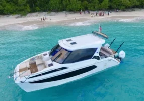Private boat in clear water in the Virgin Islands