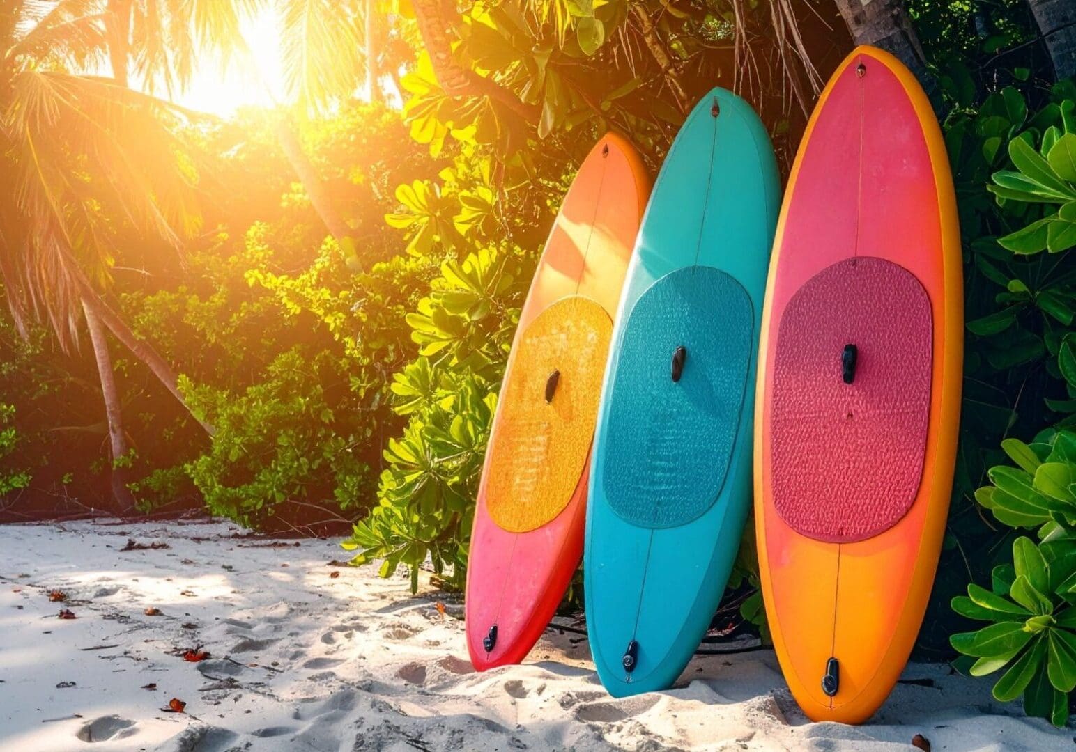 A tropical beach scene with three colorful kayaks or paddleboards resting on sandy shore, surrounded by lush greenery and palm trees, with turquoise ocean waves and a forested island in the background