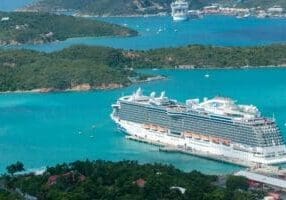Cruise ship docked in Charlotte Amalie Harbor on St. Thomas during peak season